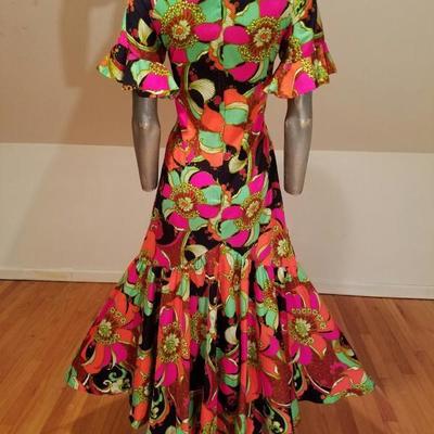 Vtg 1970s Hawaiian psychedelic floral maxi big ruffle hem dress 