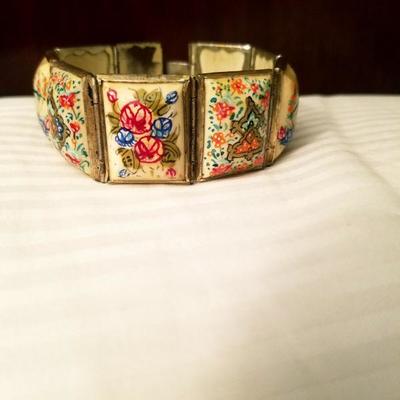 Hand painted vintage Persian 8 panel silver covered bracelet 1940's