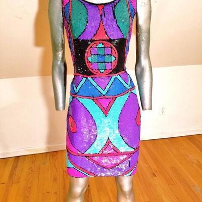 Vtg 1970's Geometric silk dress fully sequined embellished Amazing 