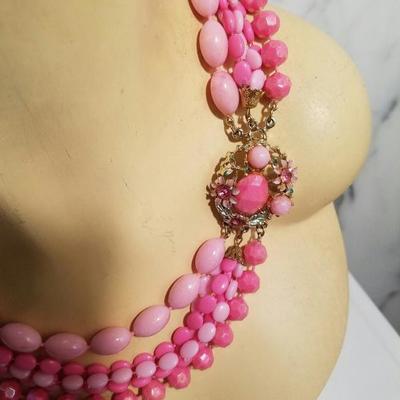 Vtg Bead Necklace multi strand Pink Enamel & rhinestone clasp  Choker Style