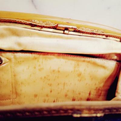 Antique Chinese silk stitch embroidered purse bakelite handle top 