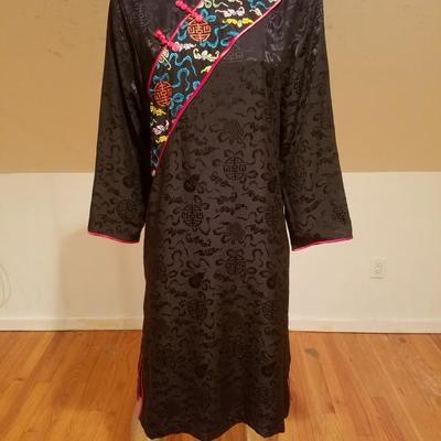 Vtg Peony silk Jacquard embroidered shift Macao dress 