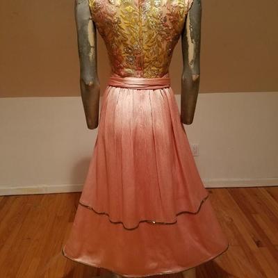 WILLIAM PEARSON full length peach satin and burnt velour floral gown