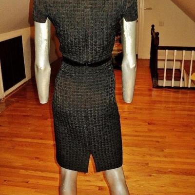 Vtg Carmen Marc Valvo puckered wiggle dress with patent leather black belt