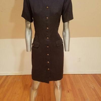 Vtg  GUY LAROCHE Paris navy blue Linen dress brass button front