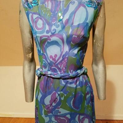 Vtg 1950's Lord & Taylor silk screen chiffon wiggle dress embellished shoulders