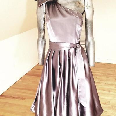 Vtg single shoulder gun metal silver bubble dress kitten bow