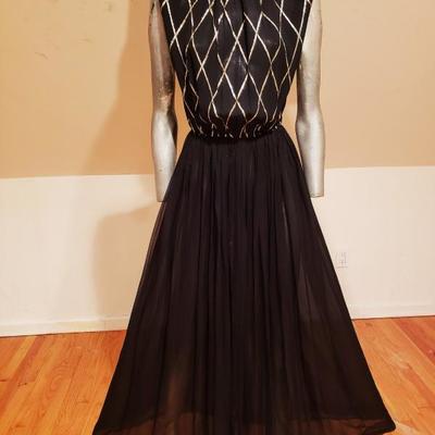 BILL BLASS  Couture Maxi black/gold chiffon gown embellished neckline 