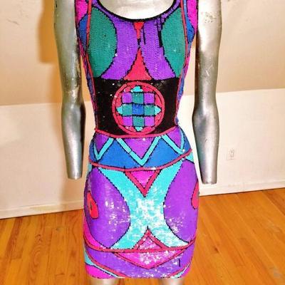 Vtg 1970's Geometric silk dress fully sequined embellished Amazing 