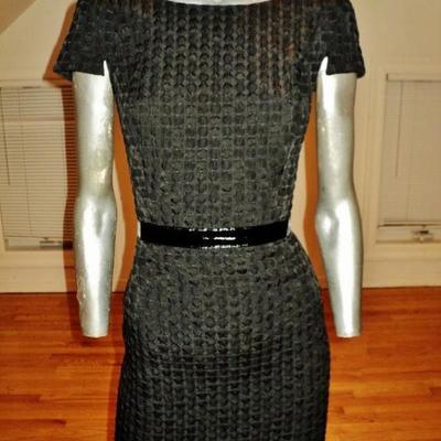 Vtg Carmen Marc Valvo puckered wiggle dress with patent leather black belt