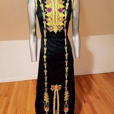 Vintage Moroccan golden Hand embroidered maxi Kaftan festive dress