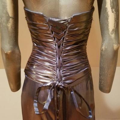 Vtg Gun Metal liquid lame heavy Embellished strapless laced gown fluid hem