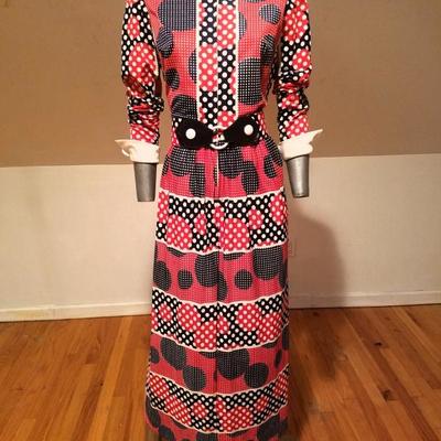 Vtg Maxi mod Op Art print Nancy Greer NY dress patent leather belt 