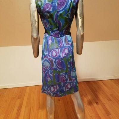 Vtg 1950's Lord & Taylor silk screen chiffon wiggle dress embellished shoulders