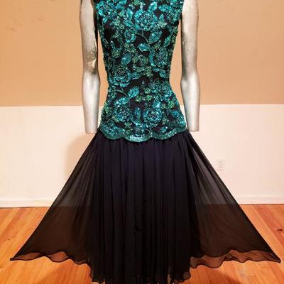Vtg Oleg Cassini Emerald embellished chiffon high low fluid dress