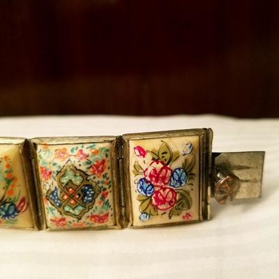 Hand painted vintage Persian 8 panel silver covered bracelet 1940's