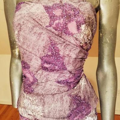 Vtg silk violet Jovani strapless beaded gown with cover scarf 