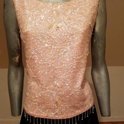  Vtg Ensemble fully embellished Hong Kong pink top & Taffeta bubble maxi skirt