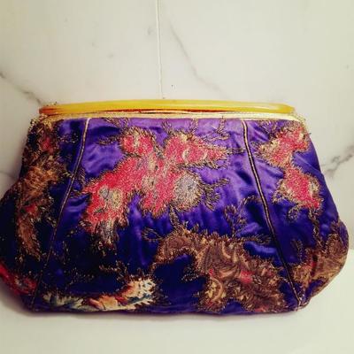 Antique Chinese silk stitch embroidered purse bakelite handle top 