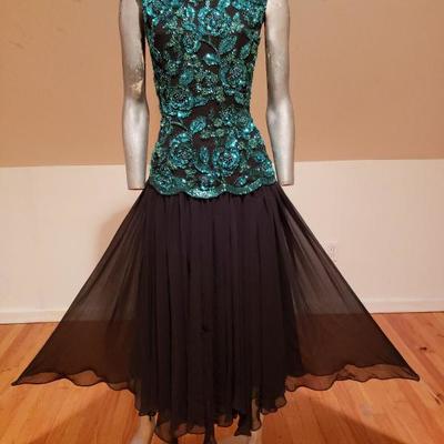 Vtg Oleg Cassini Emerald embellished chiffon high low fluid dress