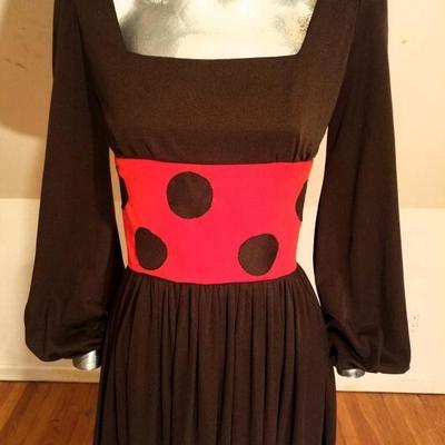 Vtg Maxi 1970's Polka dot dress Cocoa/Orange fluid