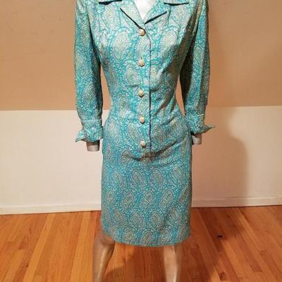 Aqua Gold metallic brocade coat trapeze dress rhinestone buttons 