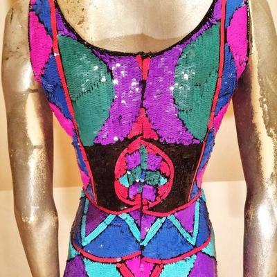 Vtg 1970's Geometric silk dress fully sequined embellished Amazing 