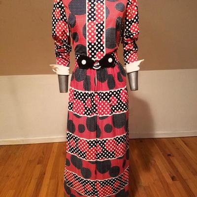 Vtg Maxi mod Op Art print Nancy Greer NY dress patent leather belt 