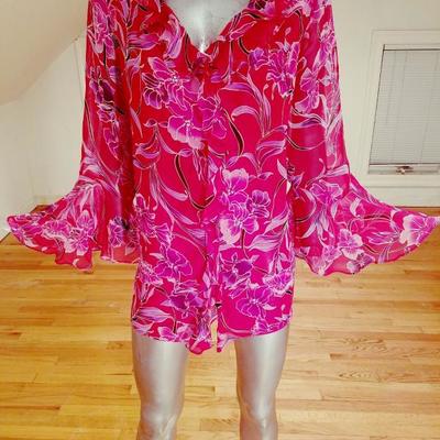 Silk chiffon ruffle large size top with beads and sequins Fuschia/ lavender