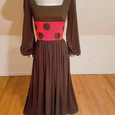 Vtg Maxi 1970's Polka dot dress Cocoa/Orange fluid