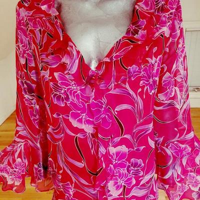 Silk chiffon ruffle large size top with beads and sequins Fuschia/ lavender