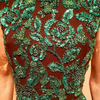 Vtg Oleg Cassini Emerald embellished chiffon high low fluid dress