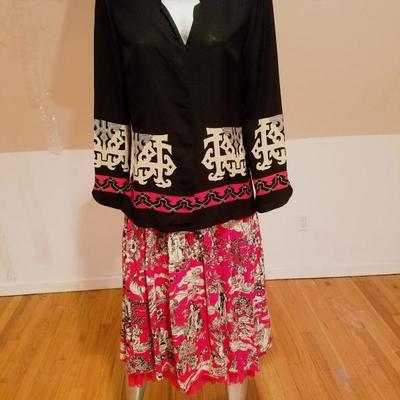 Vtg Asian Inspired Silk Crepe skirt Jacket & scarf printed Ensemble 