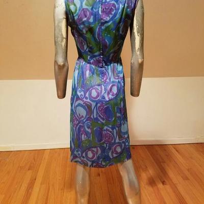 Vtg 1950's Lord & Taylor silk screen chiffon wiggle dress embellished shoulders