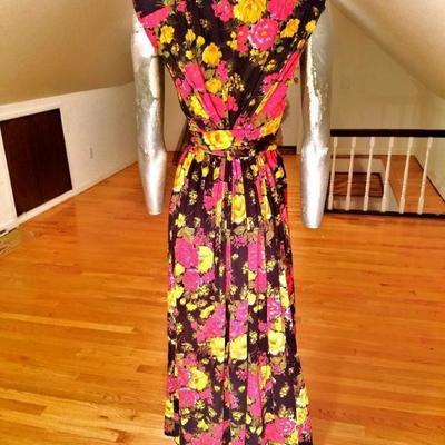 Vtg 1960's brushed jersey maxi floral gown Austrian crystal  buttons tie back