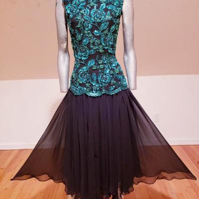 Vtg Oleg Cassini Emerald embellished chiffon high low fluid dress