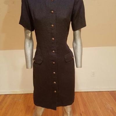 Vtg  GUY LAROCHE Paris navy blue Linen dress brass button front