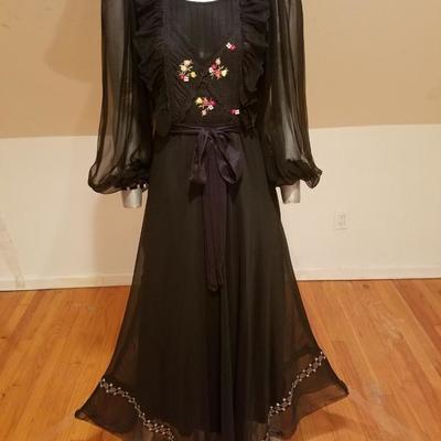 Vtg French Campagne silk chiffon maxi dress hand embroidery 