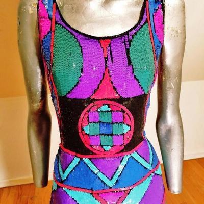 Vtg 1970's Geometric silk dress fully sequined embellished Amazing 