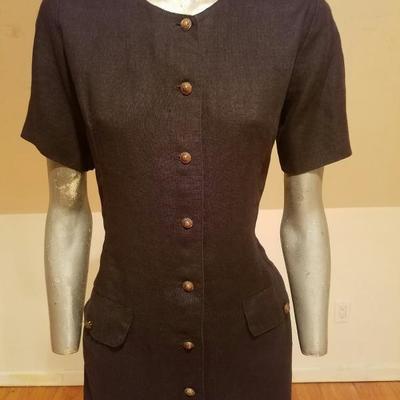 Vtg  GUY LAROCHE Paris navy blue Linen dress brass button front