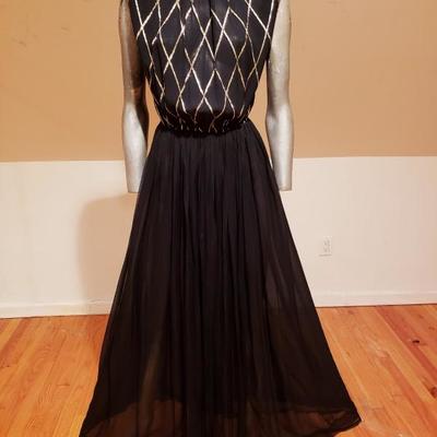 BILL BLASS  Couture Maxi black/gold chiffon gown embellished neckline 