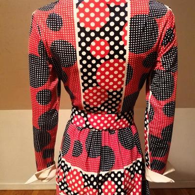 Vtg Maxi mod Op Art print Nancy Greer NY dress patent leather belt 