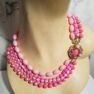 Vtg Bead Necklace multi strand Pink Enamel & rhinestone clasp  Choker Style