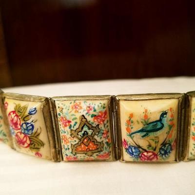 Hand painted vintage Persian 8 panel silver covered bracelet 1940's