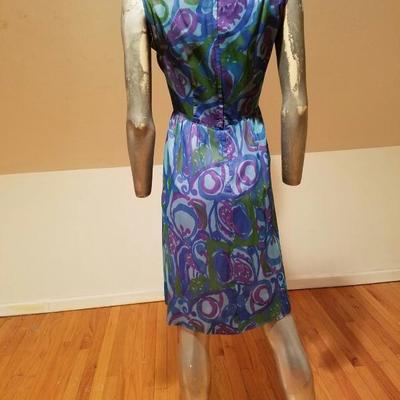 Vtg 1950's Lord & Taylor silk screen chiffon wiggle dress embellished shoulders