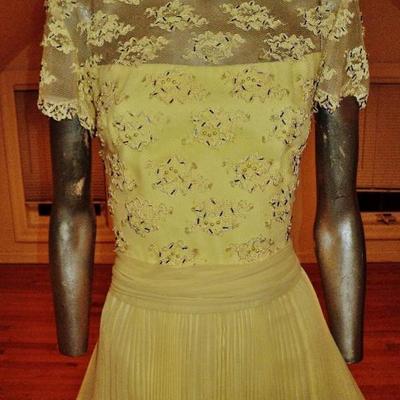 Vtg 1960's Jack Bryan lace beads pencil pleats fluid dress Hong Kong