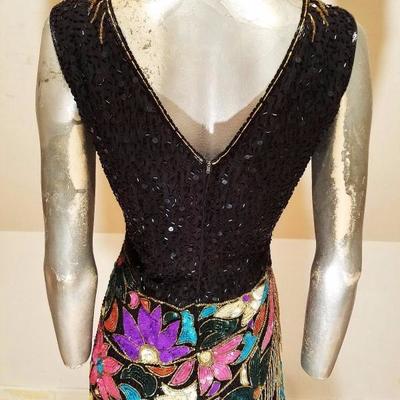 Vtg Unique bold sequined Art Deco floral beaded dress gold fringe