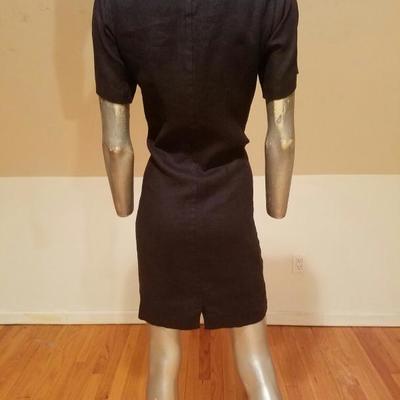 Vtg  GUY LAROCHE Paris navy blue Linen dress brass button front