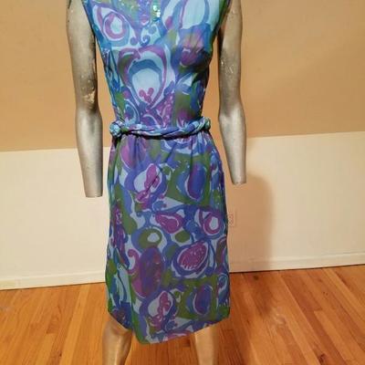 Vtg 1950's Lord & Taylor silk screen chiffon wiggle dress embellished shoulders