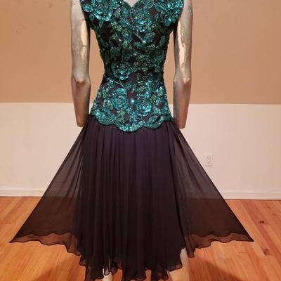 Vtg Oleg Cassini Emerald embellished chiffon high low fluid dress